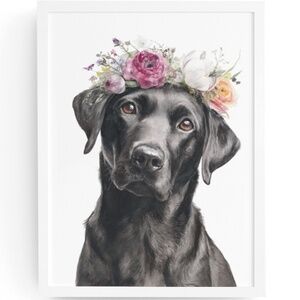 Watercolor Labrador Retriever with Flower Crown Portrait Wall Art Print Unframed
